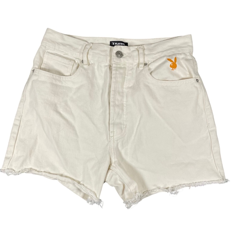 Playboy By‎ PacSun White Denim Shorts Orange Bunny Flower Logo Raw Hem Size 26